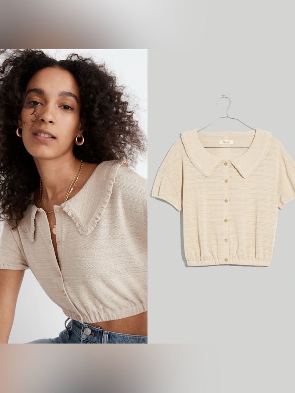 Madewell Ruffle-Collared Crop Top in Sand sz L